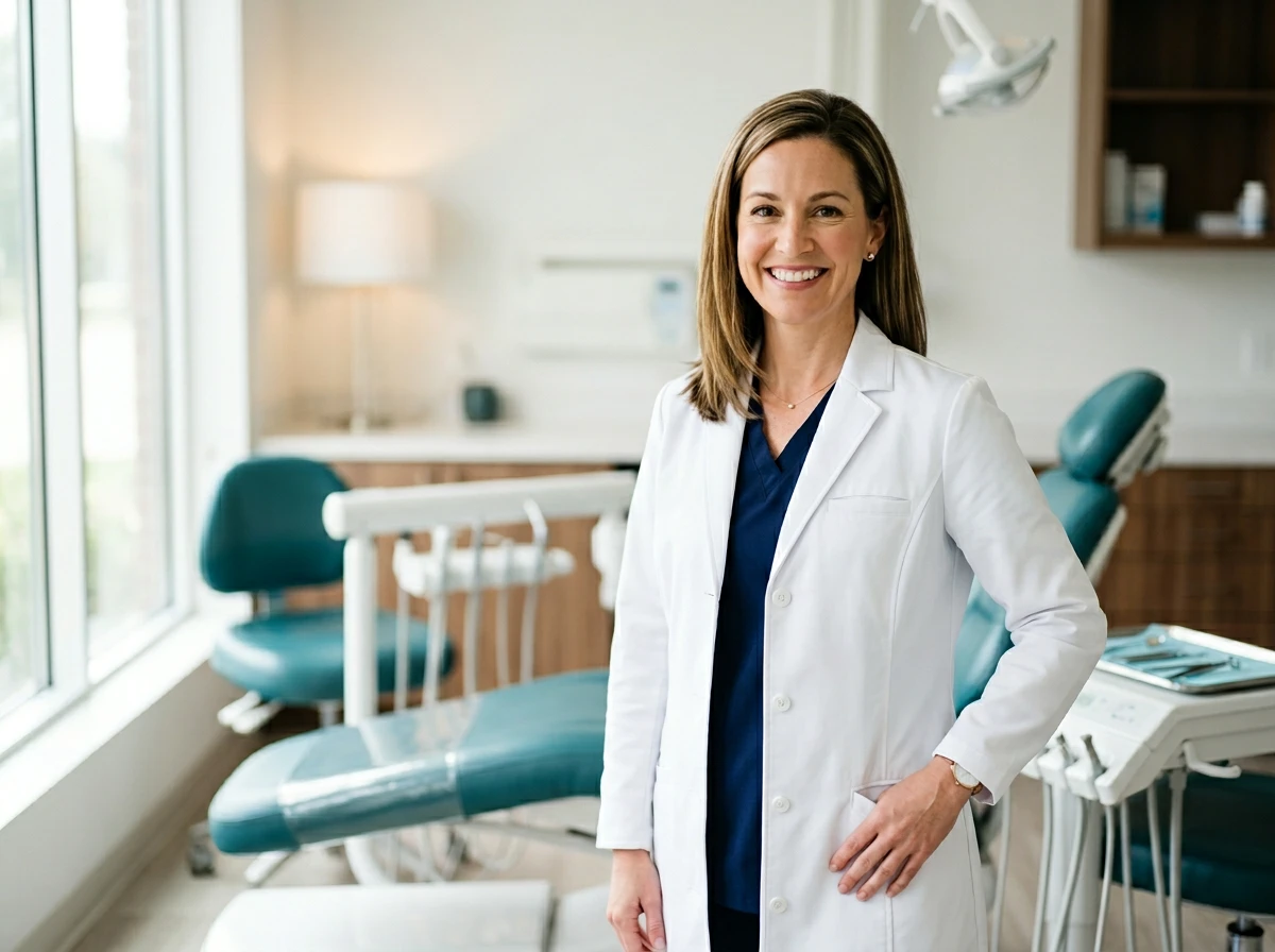 Dentiste en blouse blanche souriant dans un cabinet dentaire moderne