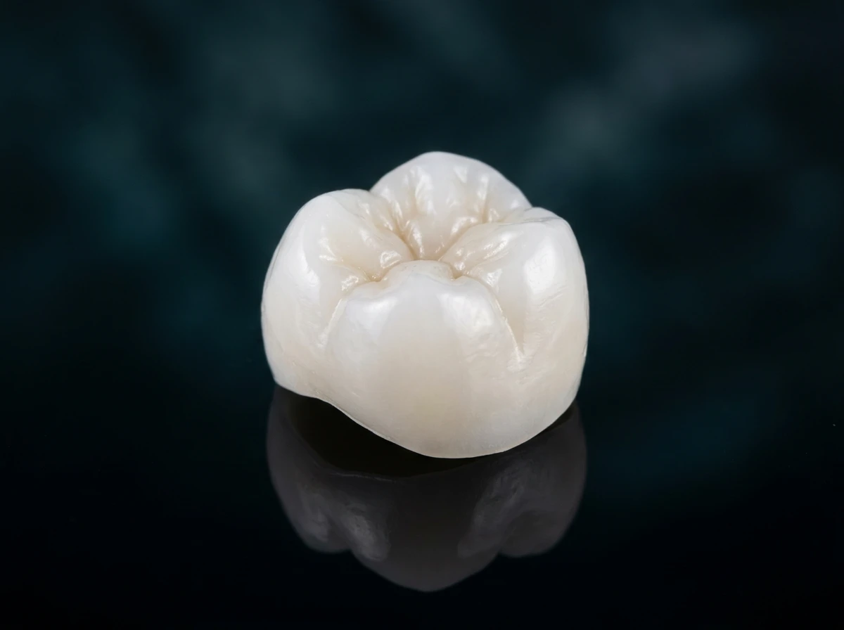 Couronne dentaire en zircone blanche sur fond sombre avec éclairage studio