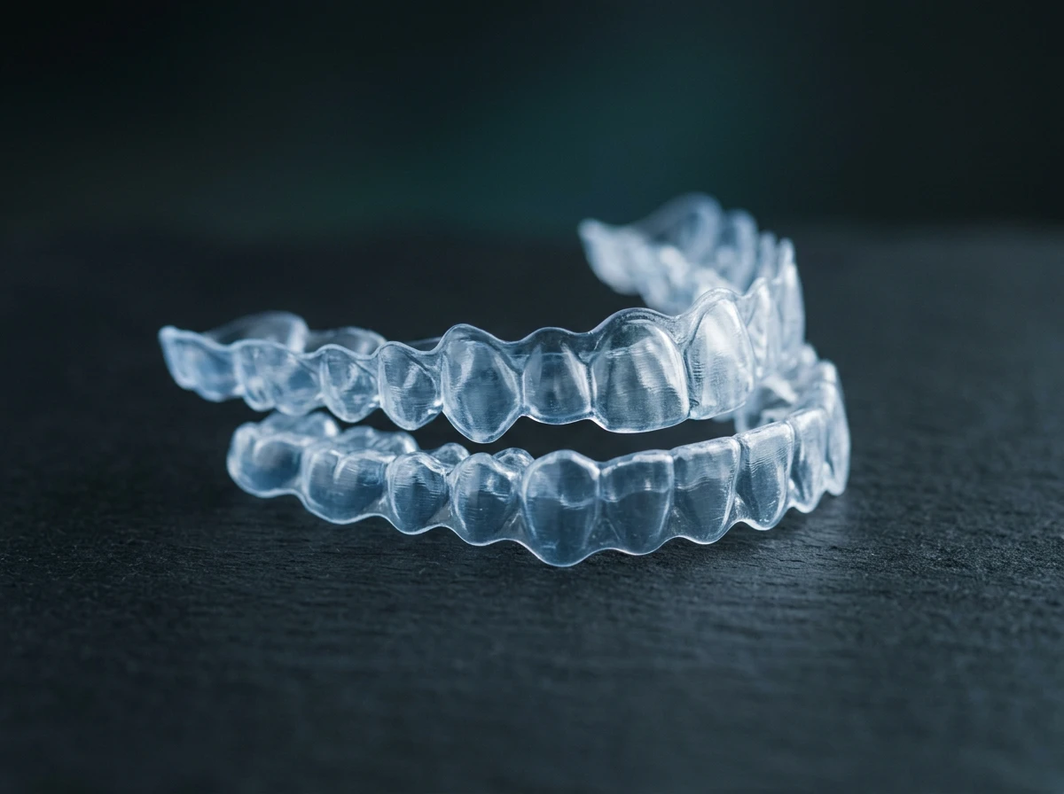 Gouttières orthodontiques transparentes sur fond sombre