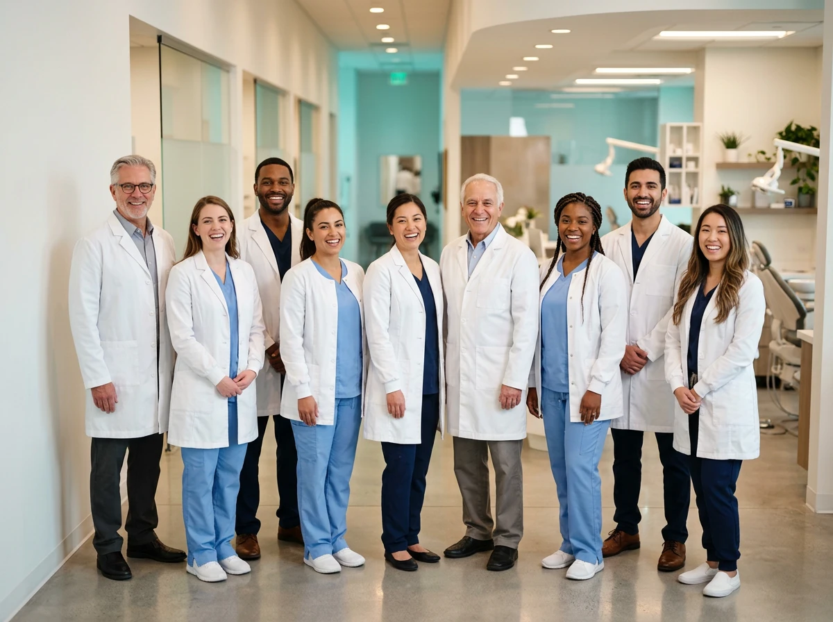 Équipe de dentistes et assistantes en blouses blanches dans leur cabinet moderne